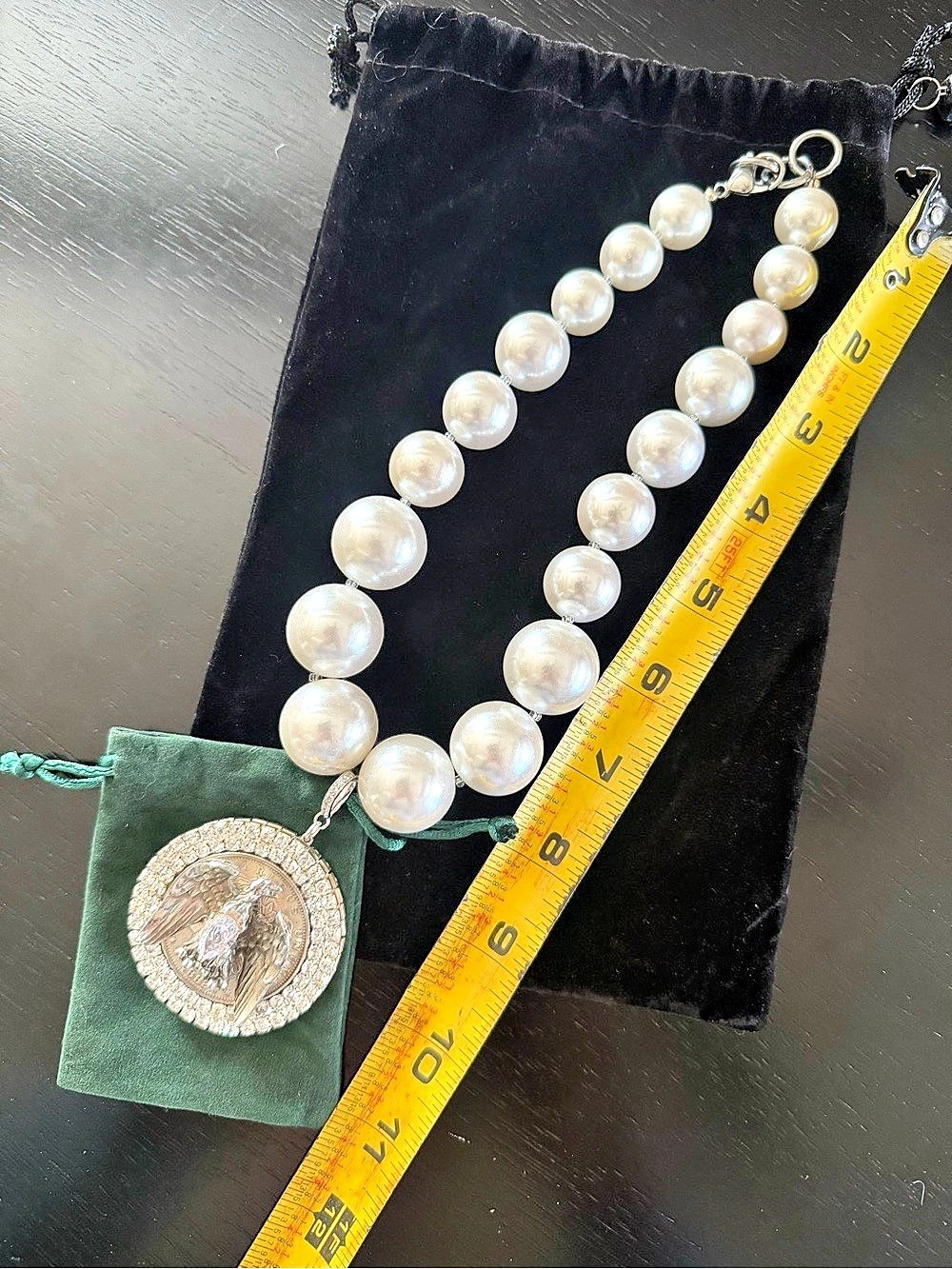 Vintage Italian Glass Pearls and White Topaz Eagle Pendant Necklace I Rockstar I